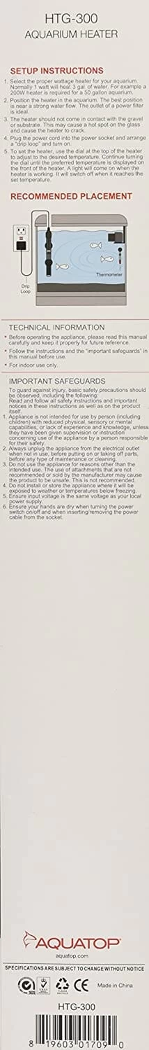 Aquatop Premier Glass Heater With Protective Guard Submersible Fish Tank Heater - 300 Watt